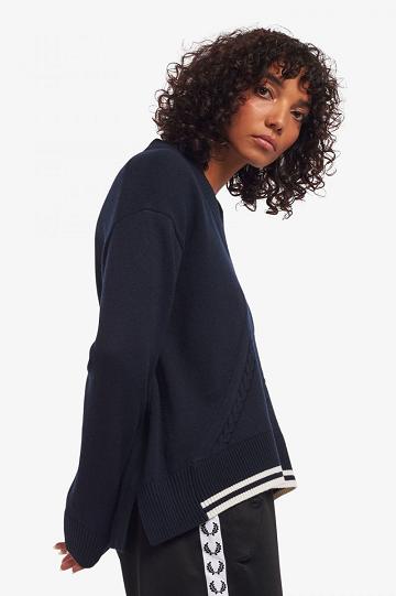 Fred Perry Split Hem Cable Knit Jumper Naisten Neuleet Laivastonsininen | FI 1116KORI